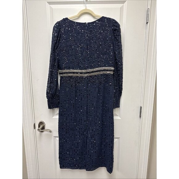 Mac Duggal Size 12 Navy 93593 Sequined V Neck Bishop Sleeve Midi Cocktail Dress - Picture 9 of 13